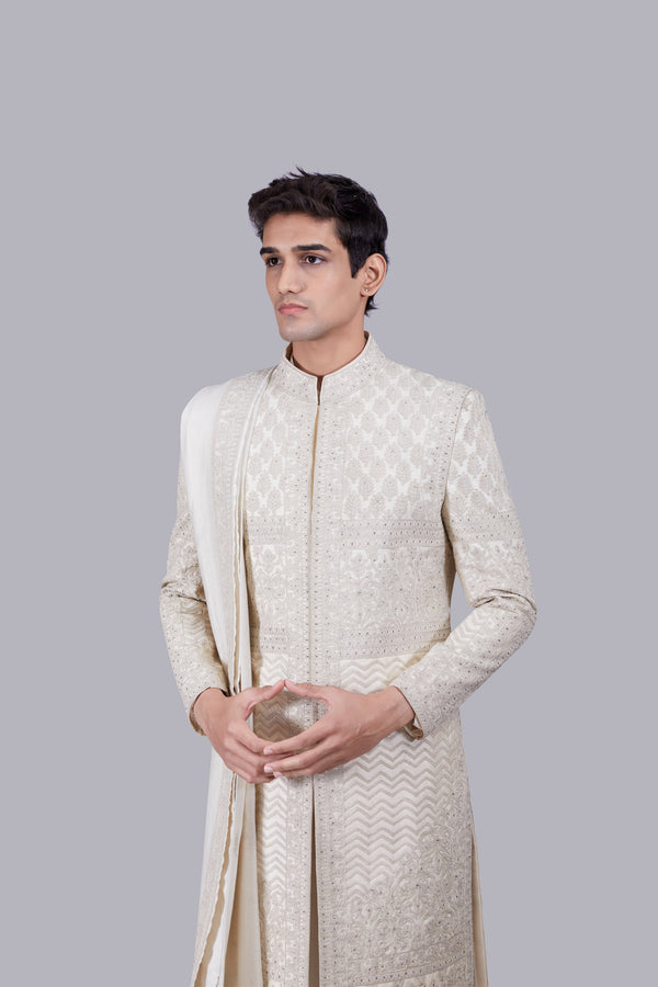 B More CREAM TISSUE SILK CUTDANA WORK SHERWANI