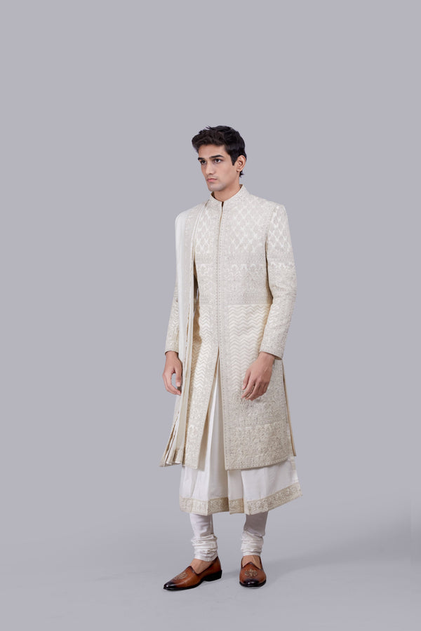 B More CREAM TISSUE SILK CUTDANA WORK SHERWANI