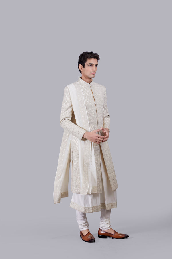 B More CREAM TISSUE SILK CUTDANA WORK SHERWANI