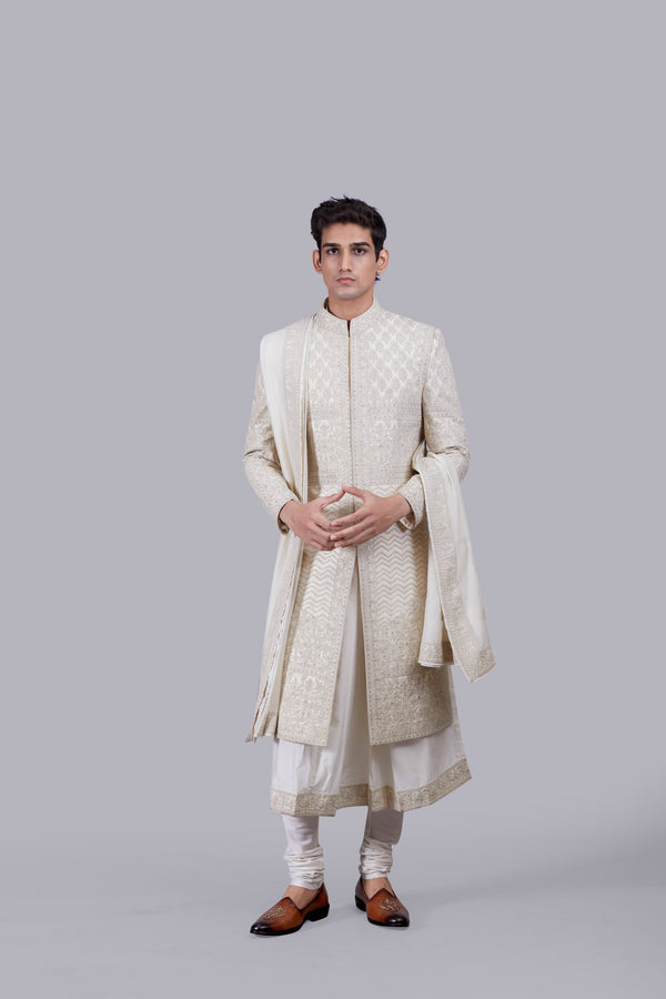 b more CREAM TISSUE SILK CUTDANA WORK SHERWANI
