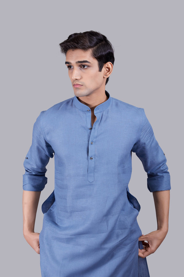 B More DARK POWDER BLUE LINEN KURTA SET