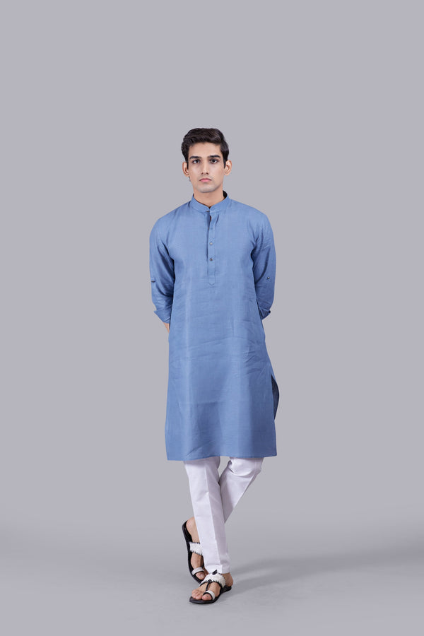 b more DARK POWDER BLUE LINEN KURTA SET