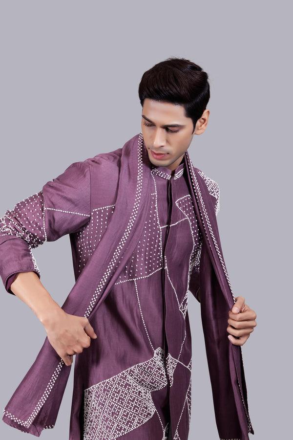 B More French Knot Light Wine Linen Kurta Set