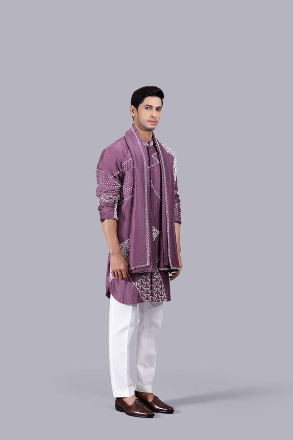 B More French Knot Light Wine Linen Kurta Set