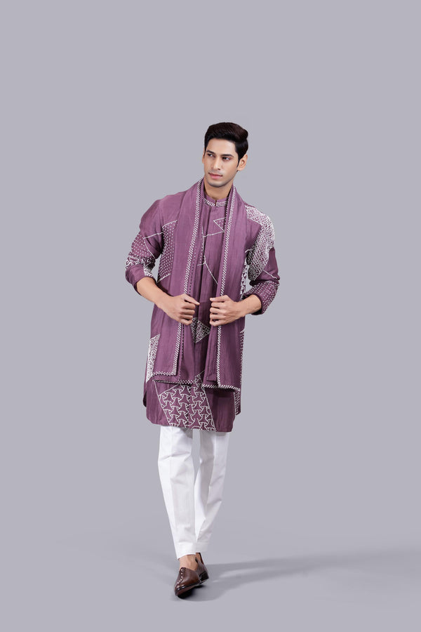 b more French Knot Light Wine Linen Kurta Set