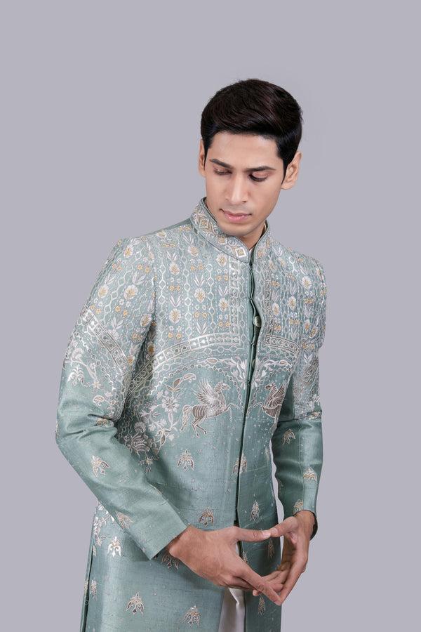 B More GREEN RAW SILK EMBROIDERY WORK INDO WESTERN