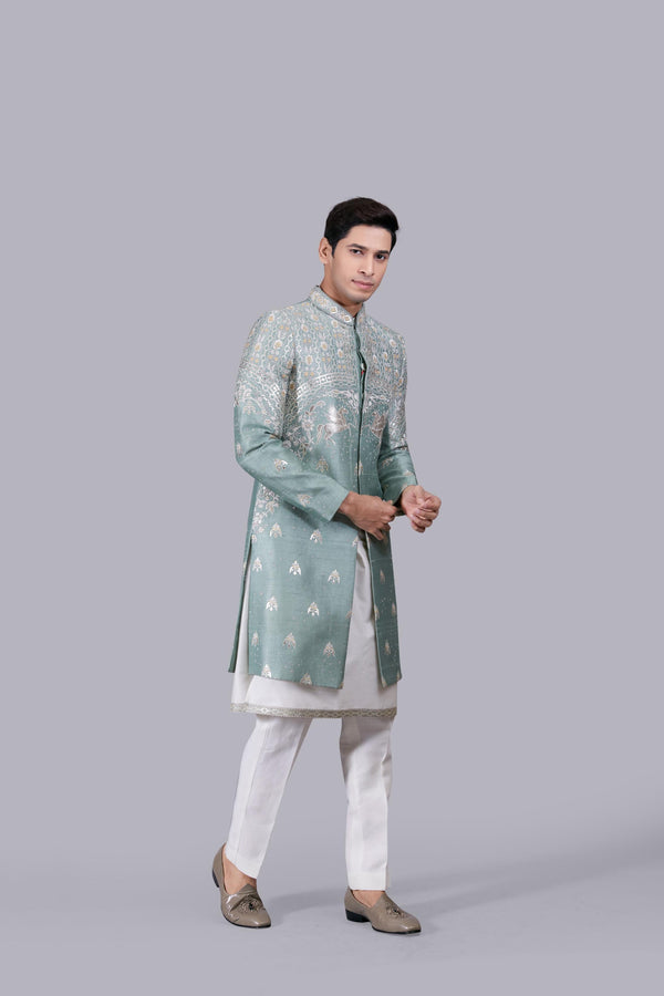 B More GREEN RAW SILK EMBROIDERY WORK INDO WESTERN