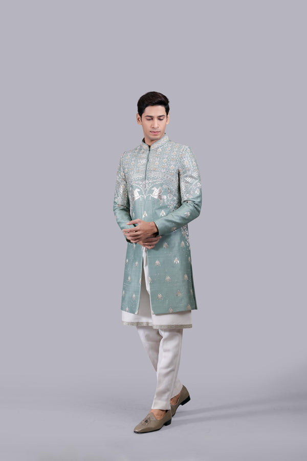 B More GREEN RAW SILK EMBROIDERY WORK INDO WESTERN