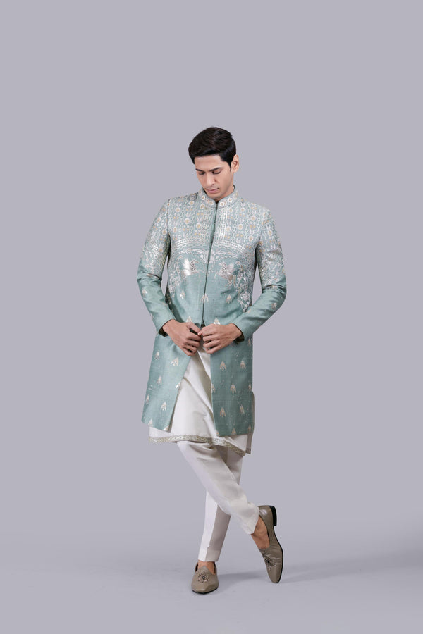 b more GREEN RAW SILK EMBROIDERY WORK INDO WESTERN