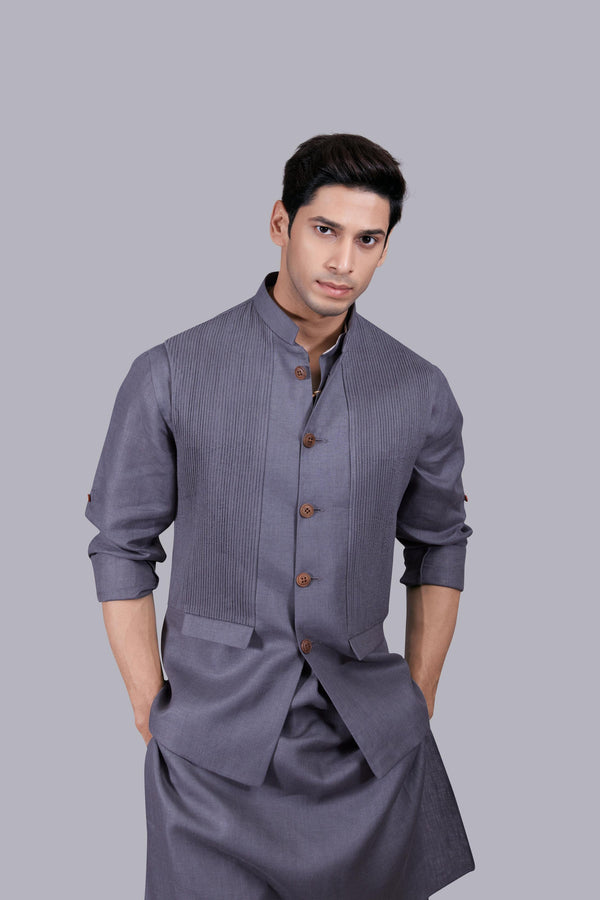 B More GREY LINEN PLAIN BUNDI SET