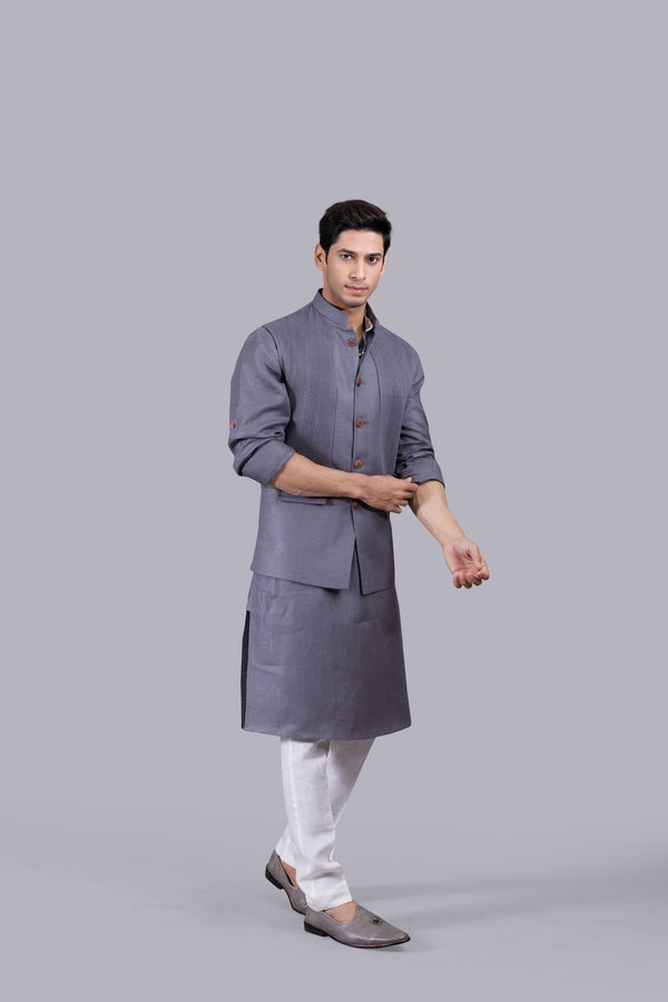 B More GREY LINEN PLAIN BUNDI SET