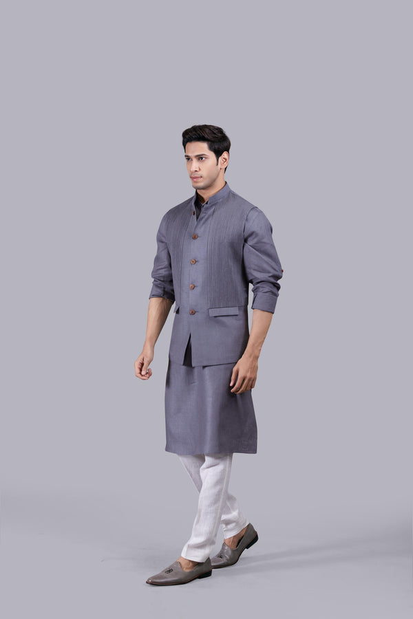 B More GREY LINEN PLAIN BUNDI SET