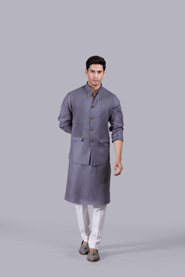 b more GREY LINEN PLAIN BUNDI SET