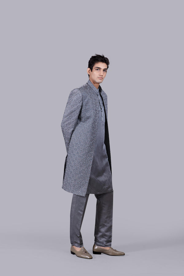 B More GREY LINEN SILK CUTDANA WORK INDO WESTERN