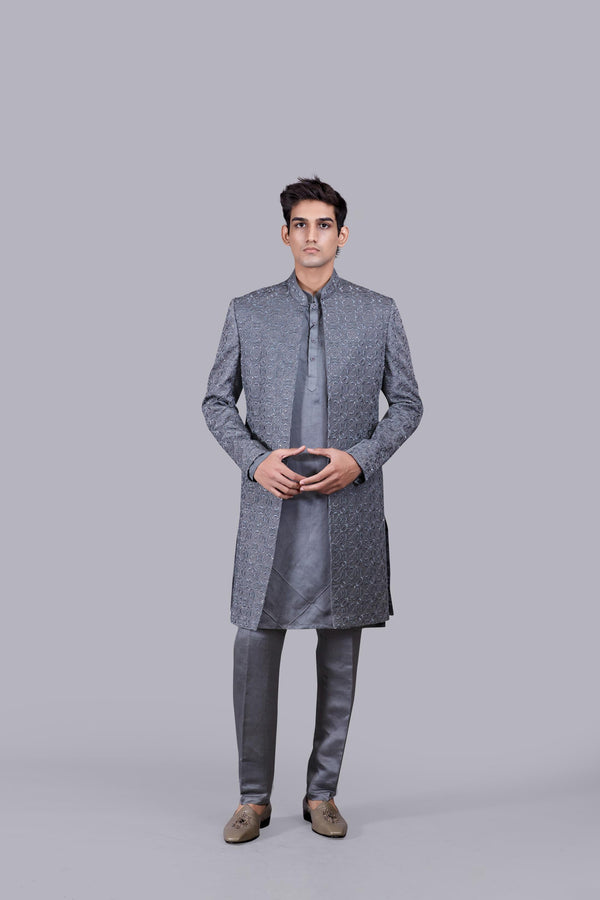 b more GREY LINEN SILK CUTDANA WORK INDO WESTERN