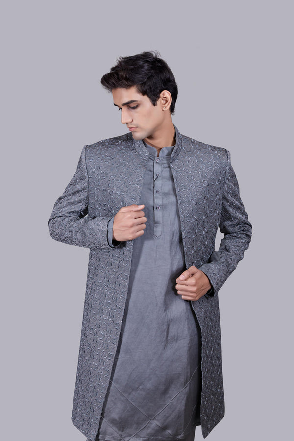 B More GREY LINEN SILK CUTDANA WORK INDO WESTERN