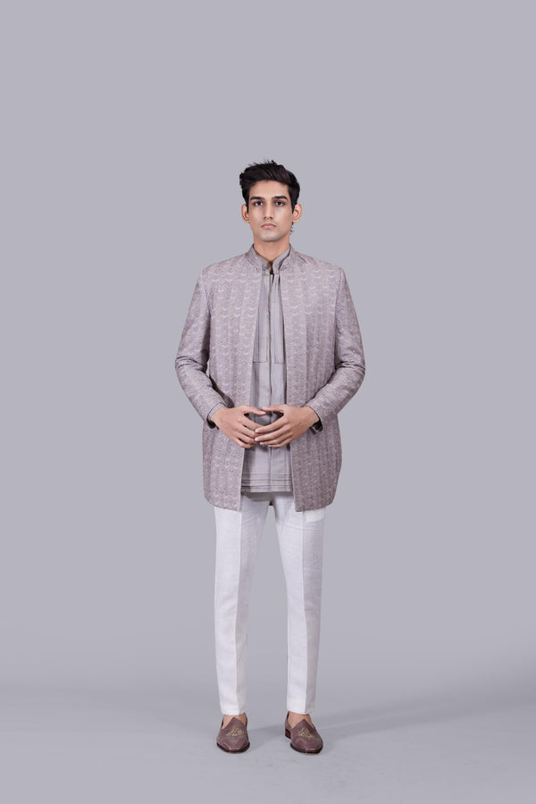 B More GREY LINEN SILK THREAD WORK INDO WESTERN