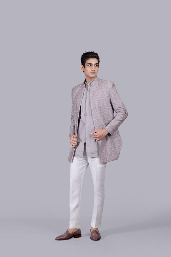 B More GREY LINEN SILK THREAD WORK INDO WESTERN