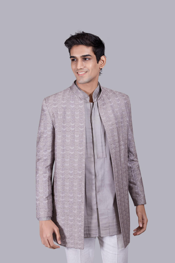 B More GREY LINEN SILK THREAD WORK INDO WESTERN