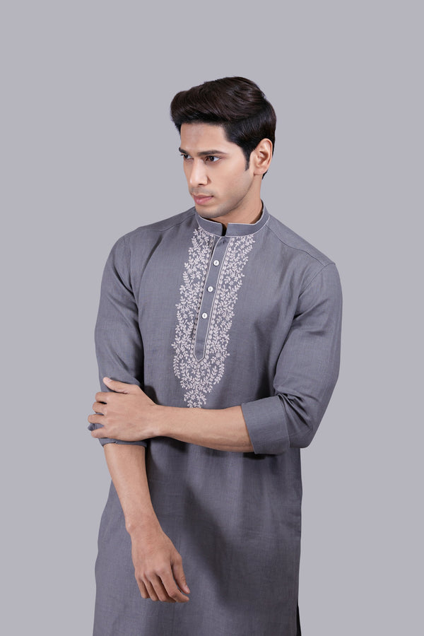 B More GREY LINEN THREAD WORK KURTA SET