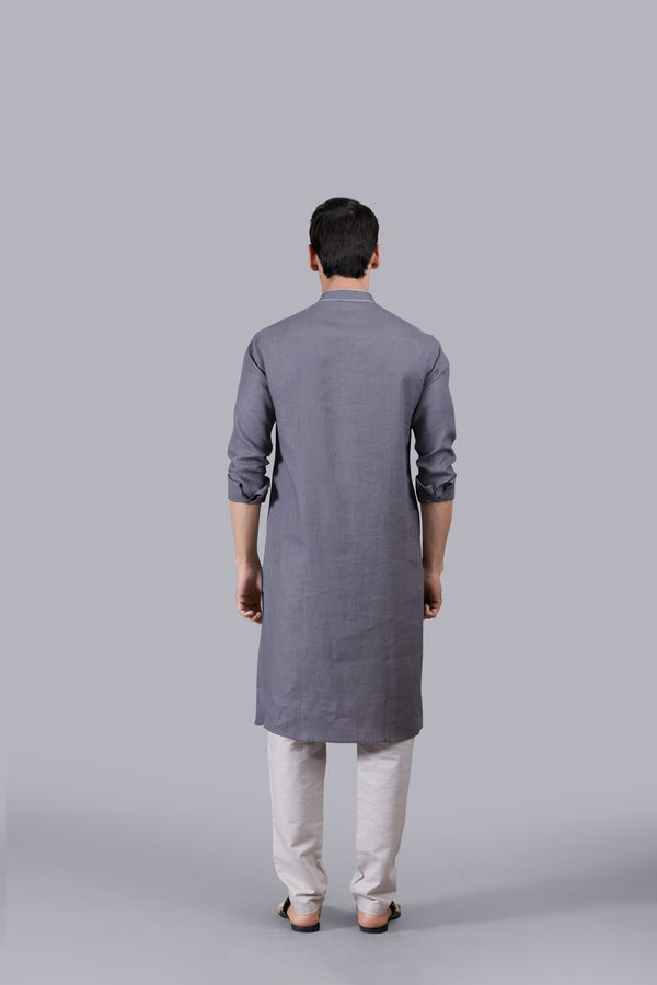 B More GREY LINEN THREAD WORK KURTA SET