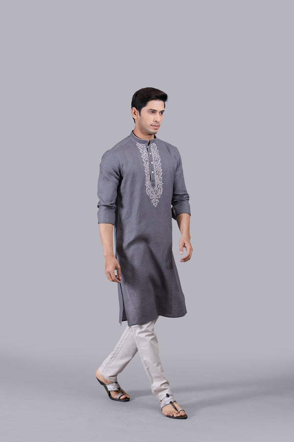 B More GREY LINEN THREAD WORK KURTA SET