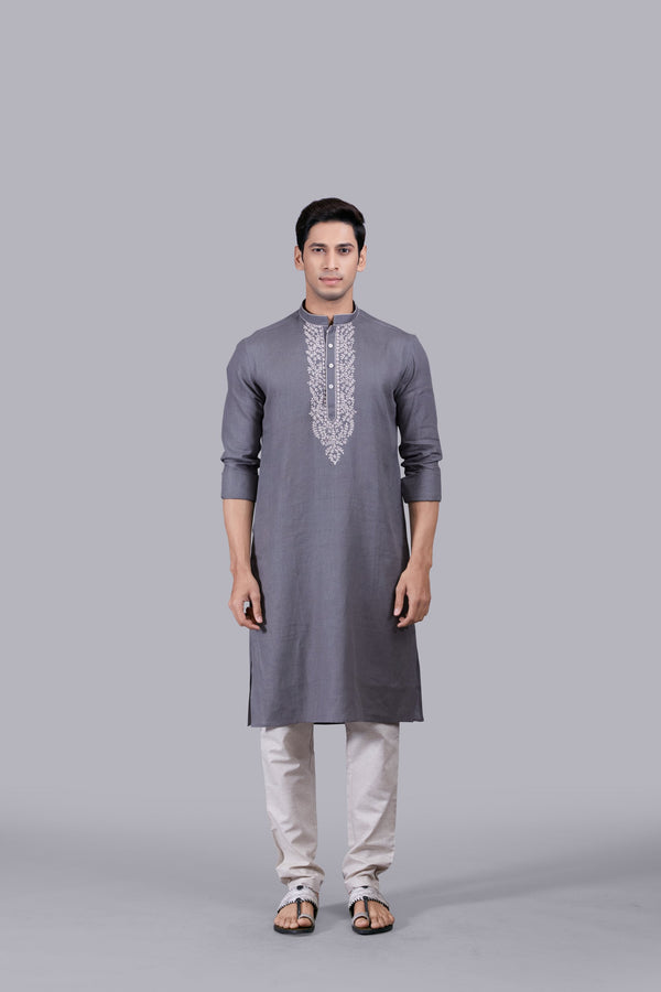 b more GREY LINEN THREAD WORK KURTA SET