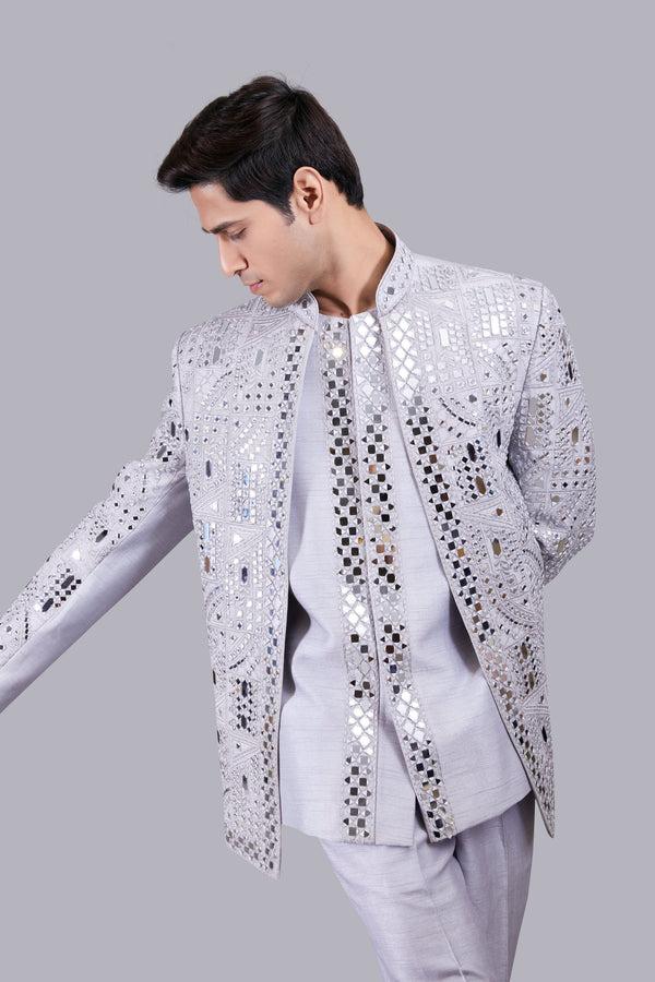 B More GREY RAW SILK MIRROR WORK INDO WESTERN