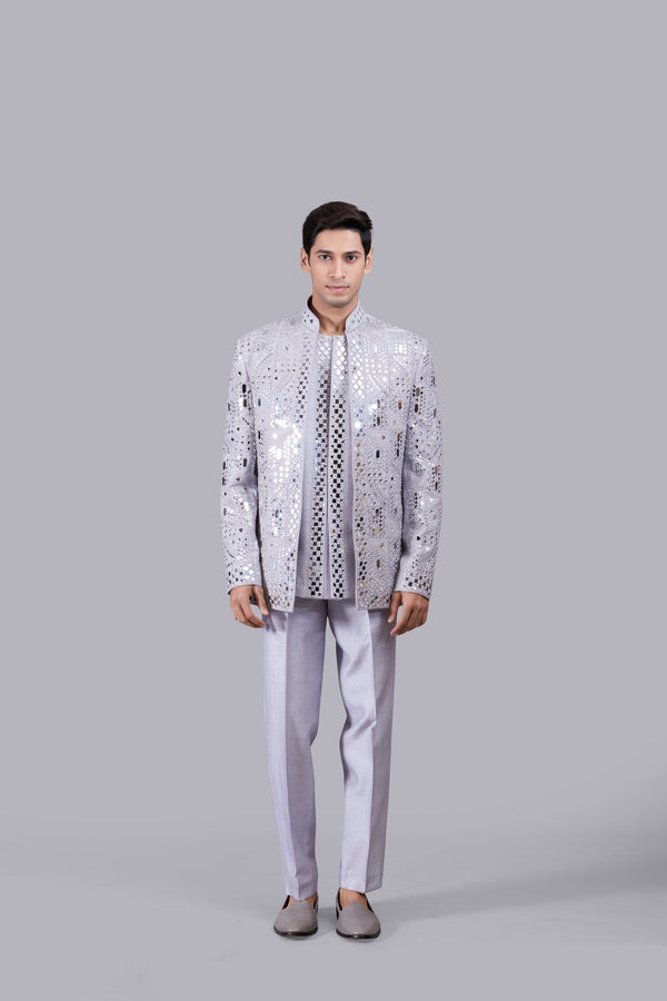 B More GREY RAW SILK MIRROR WORK INDO WESTERN