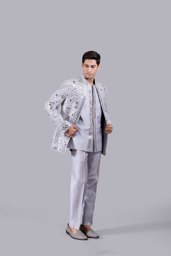 B More GREY RAW SILK MIRROR WORK INDO WESTERN