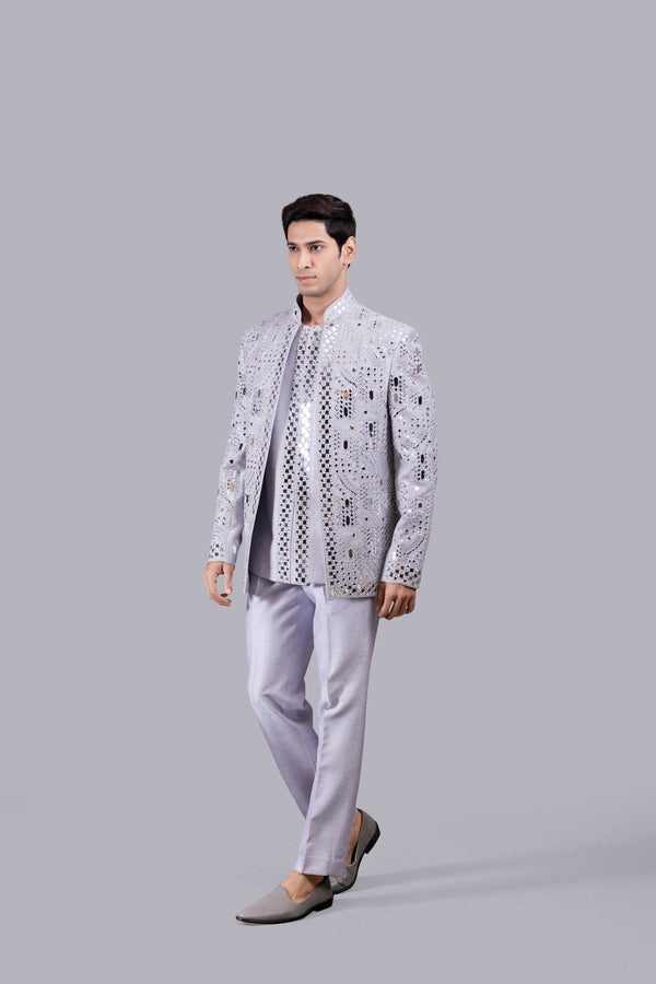 b more GREY RAW SILK MIRROR WORK INDO WESTERN