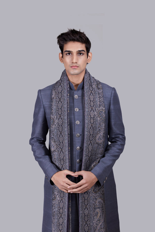 B More GREY RAW SILK PASHMINA DUPATTA SHERWANI