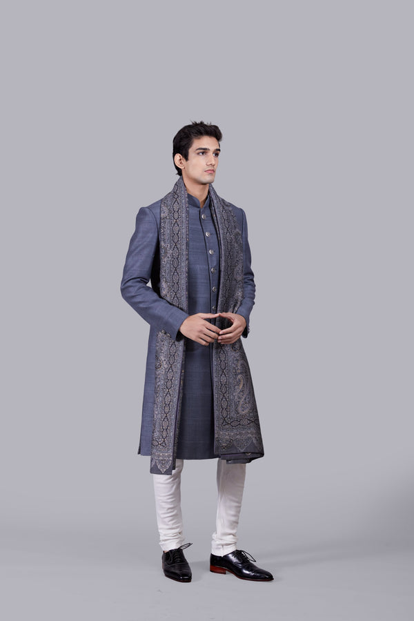 B More GREY RAW SILK PASHMINA DUPATTA SHERWANI