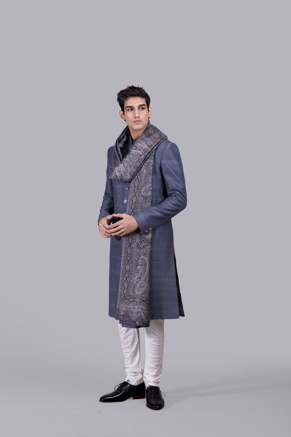 B More GREY RAW SILK PASHMINA DUPATTA SHERWANI