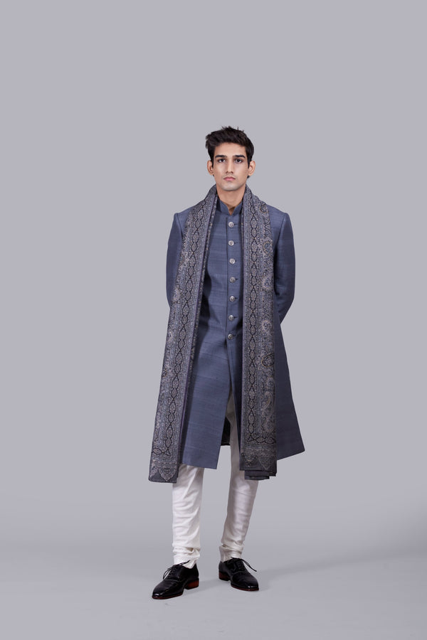 b more GREY RAW SILK PASHMINA DUPATTA SHERWANI