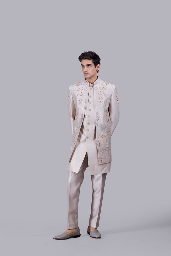 B More GREY RAW SILK ZARI WORK INDOWESTERN