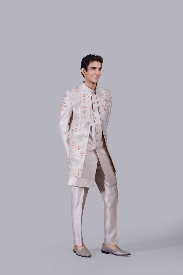 B More GREY RAW SILK ZARI WORK INDOWESTERN