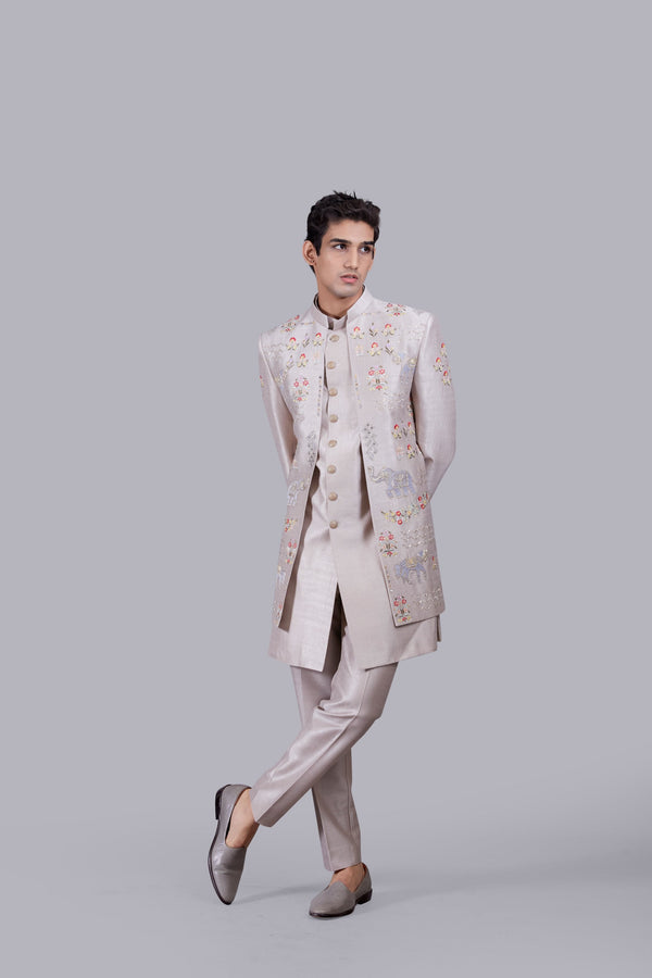 b more GREY RAW SILK ZARI WORK INDOWESTERN