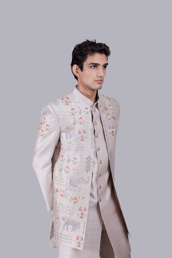 B More GREY RAW SILK ZARI WORK INDOWESTERN