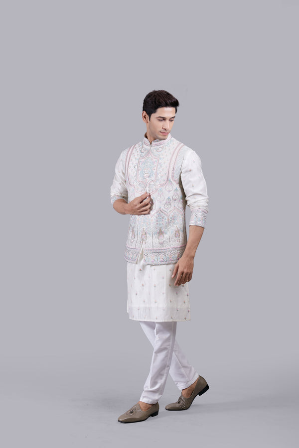 B More IVORY MATKA SILK EMBROIDERY WORK BUNDI SET