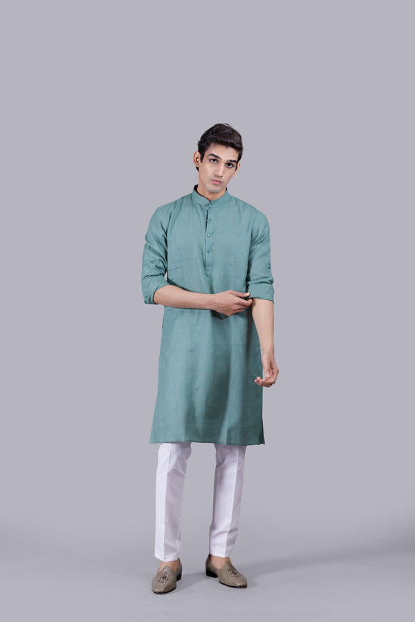 b more LIGHT TEAL BLUE LINEN KURTA SET