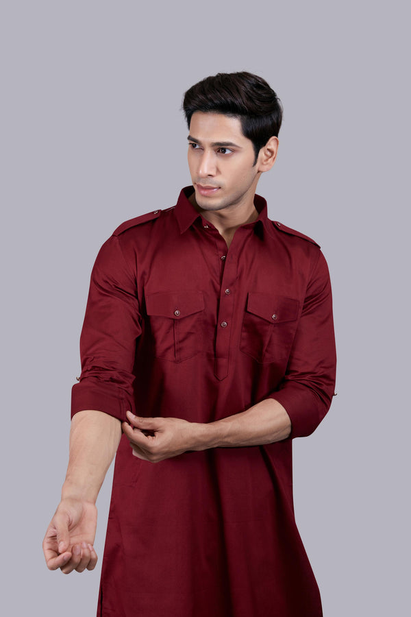 B More MAROON COTTON SILK PATHANI KURTA SET