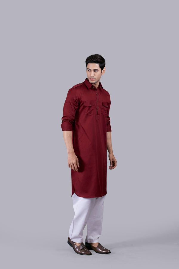 B More MAROON COTTON SILK PATHANI KURTA SET