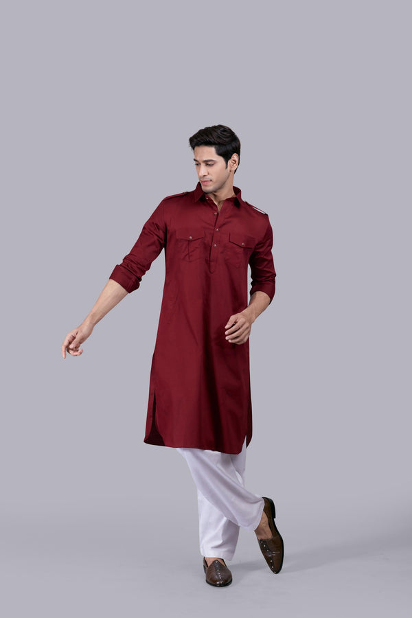 B More MAROON COTTON SILK PATHANI KURTA SET