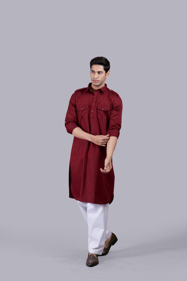b more MAROON COTTON SILK PATHANI KURTA SET