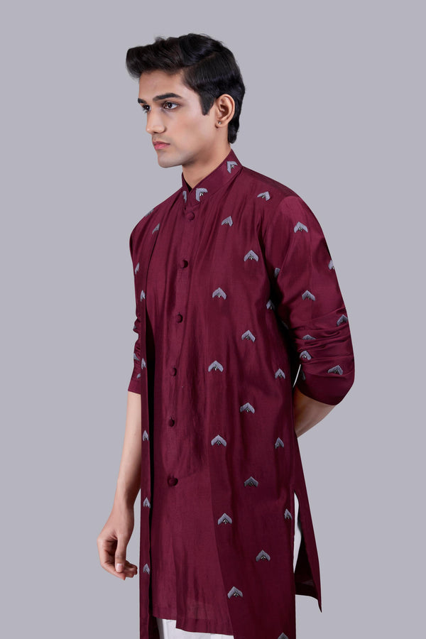 B More MAROON PURE LINEN THREAD WORK KURTA SET