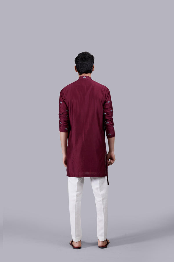 B More MAROON PURE LINEN THREAD WORK KURTA SET