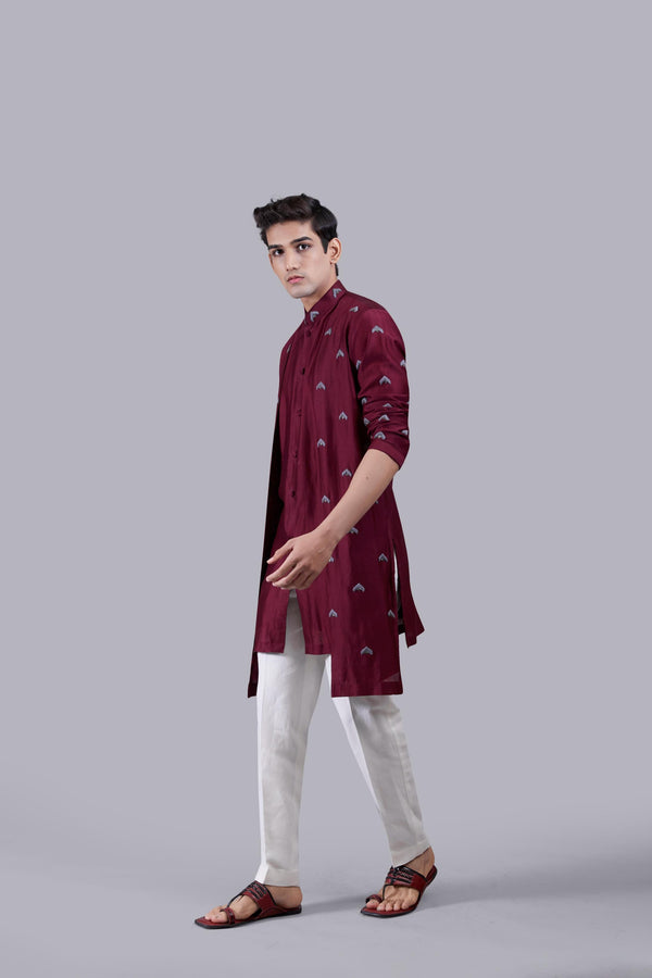 B More MAROON PURE LINEN THREAD WORK KURTA SET