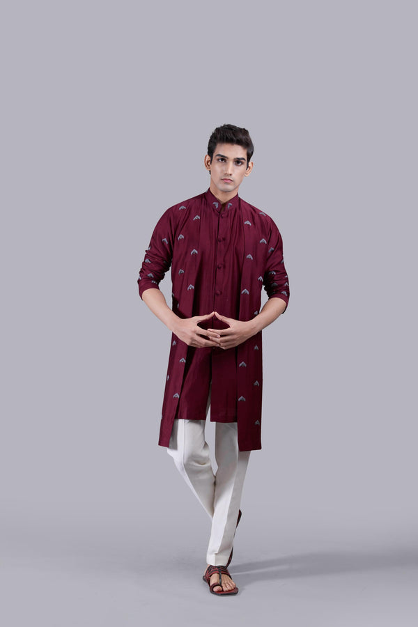 b more MAROON PURE LINEN THREAD WORK KURTA SET