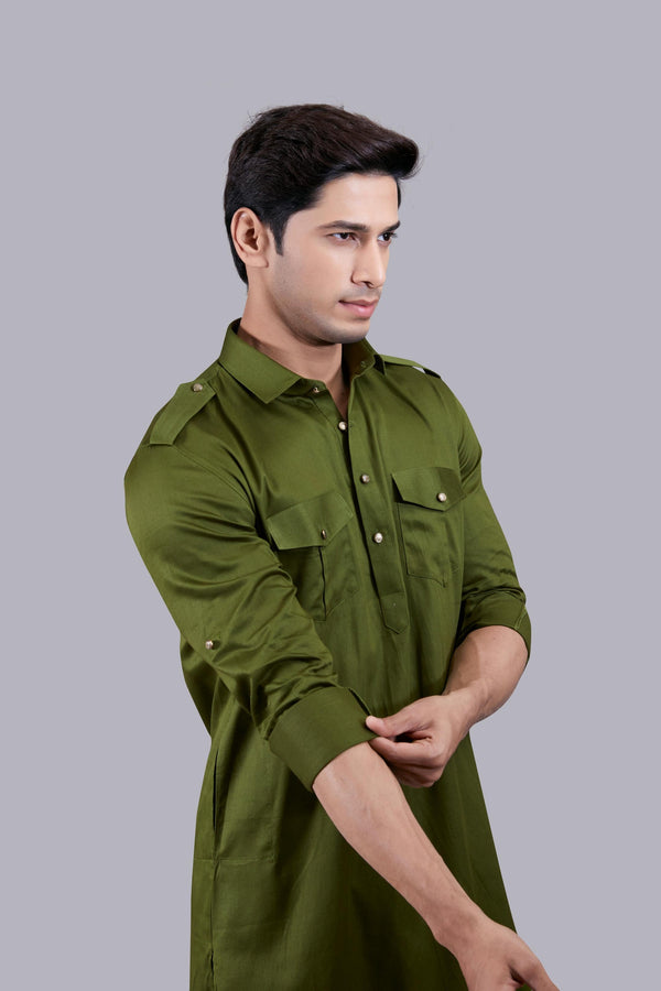 B More MEHNDI GREEN COTTON SILK PATHANI KURTA SET